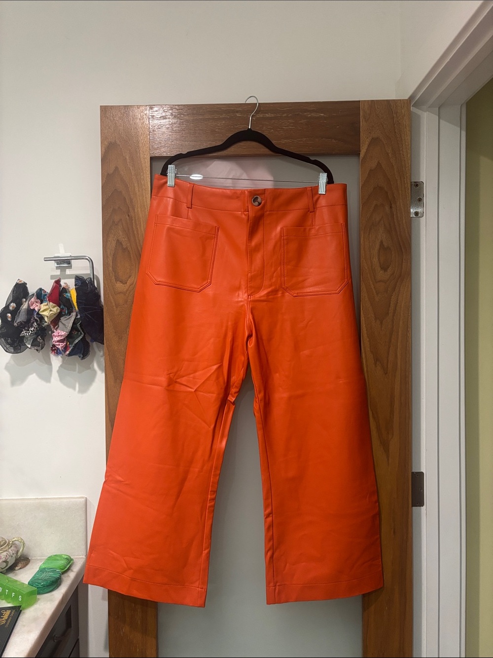 Anthropologie Maeve Colette Bright Orange Faux Leather Wide-Leg Pants